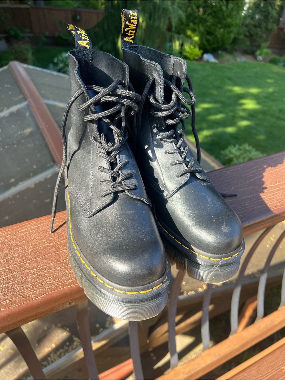 Dr. Martens Black Leather Platform Boots with Yellow Stitching